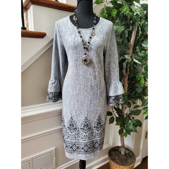 Tacera Solid Gray Polyester Round Neck Long Sleeve Knee Length Sweater Dress M - Picture 1 of 12